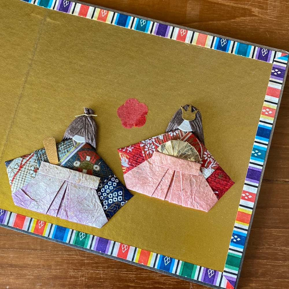 Vintage Mini Japanese Background Screen w/Washi Origami Hina Ningyo